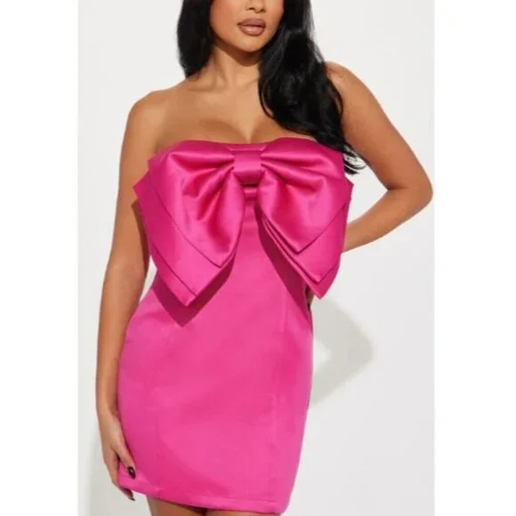 Fashion Nova Women's Pink Mini Dress Strapless Adina Bow Back Zip Size Large